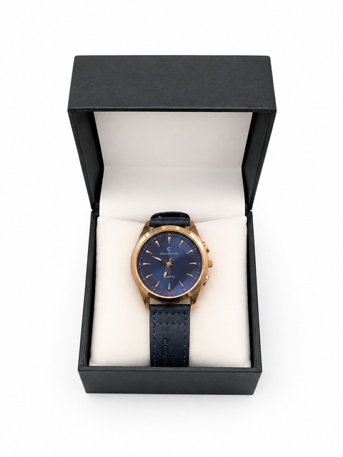 Luxury Blue Dial Quartz Watch for Men – Gold Case & Premium Leather Strap