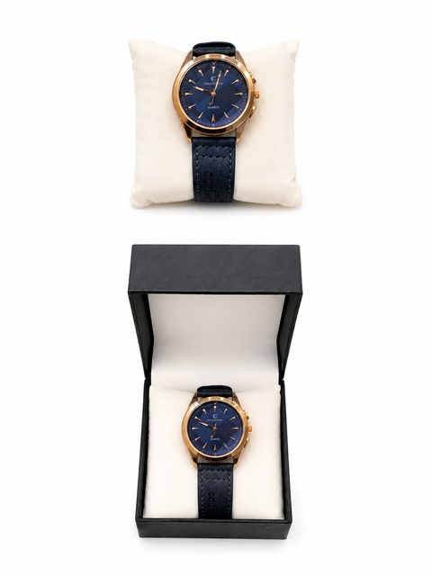 Luxury Blue Dial Quartz Watch for Men – Gold Case & Premium Leather Strap