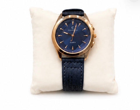 Luxury Blue Dial Quartz Watch for Men – Gold Case & Premium Leather Strap